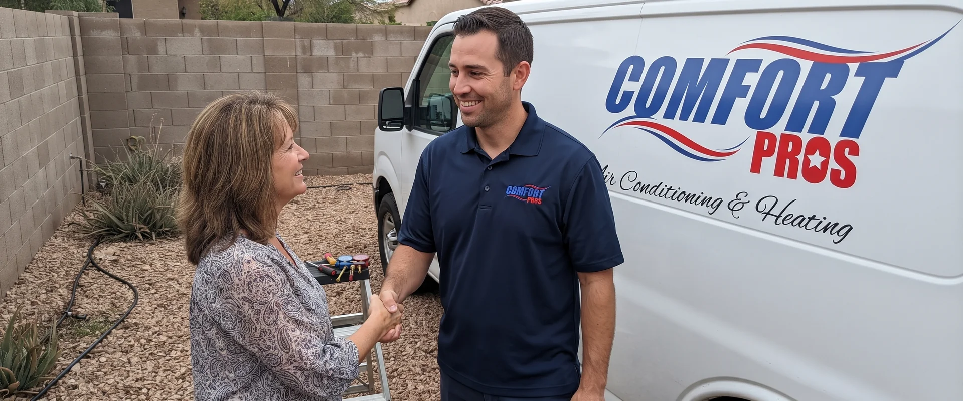 Comfort Pros HVAC technician greeting a homeowner at the front door